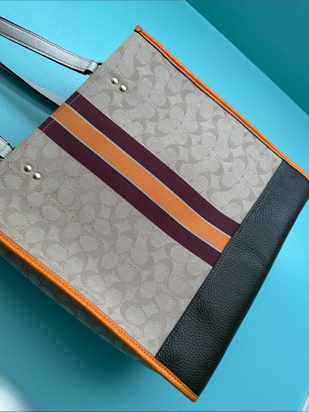 Coach Beige Signature Canvas Tote with Pink Patch and Orange Trim - Picture 11 of 12